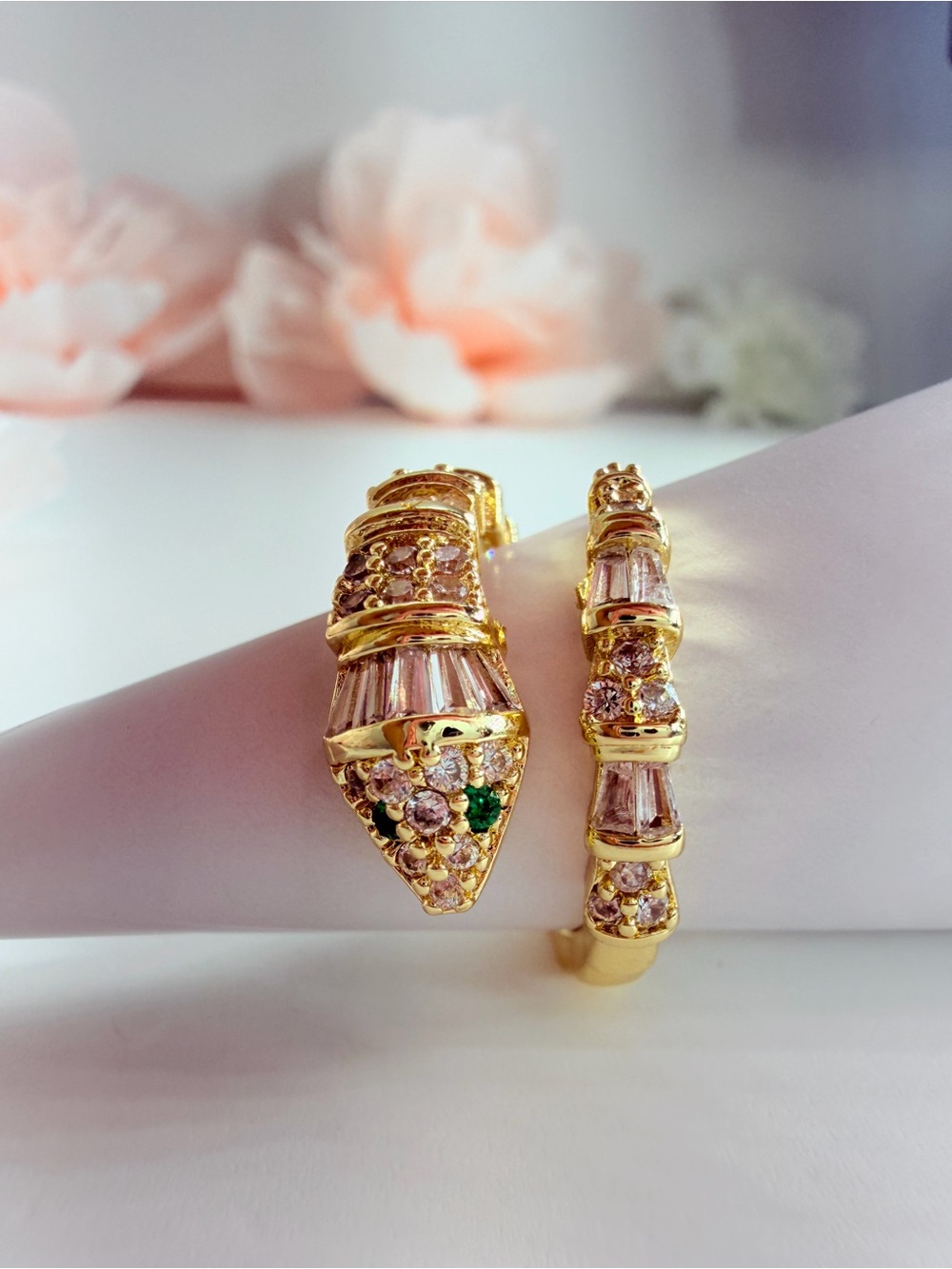 Gold Serpent-Style Ring with  Green Crystal Accents